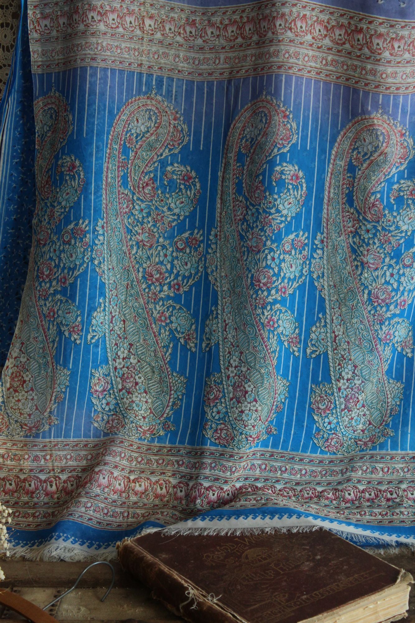 Vintage 1990s Authentic Sky Blue Chiffon with a Floral Print Indian Sari