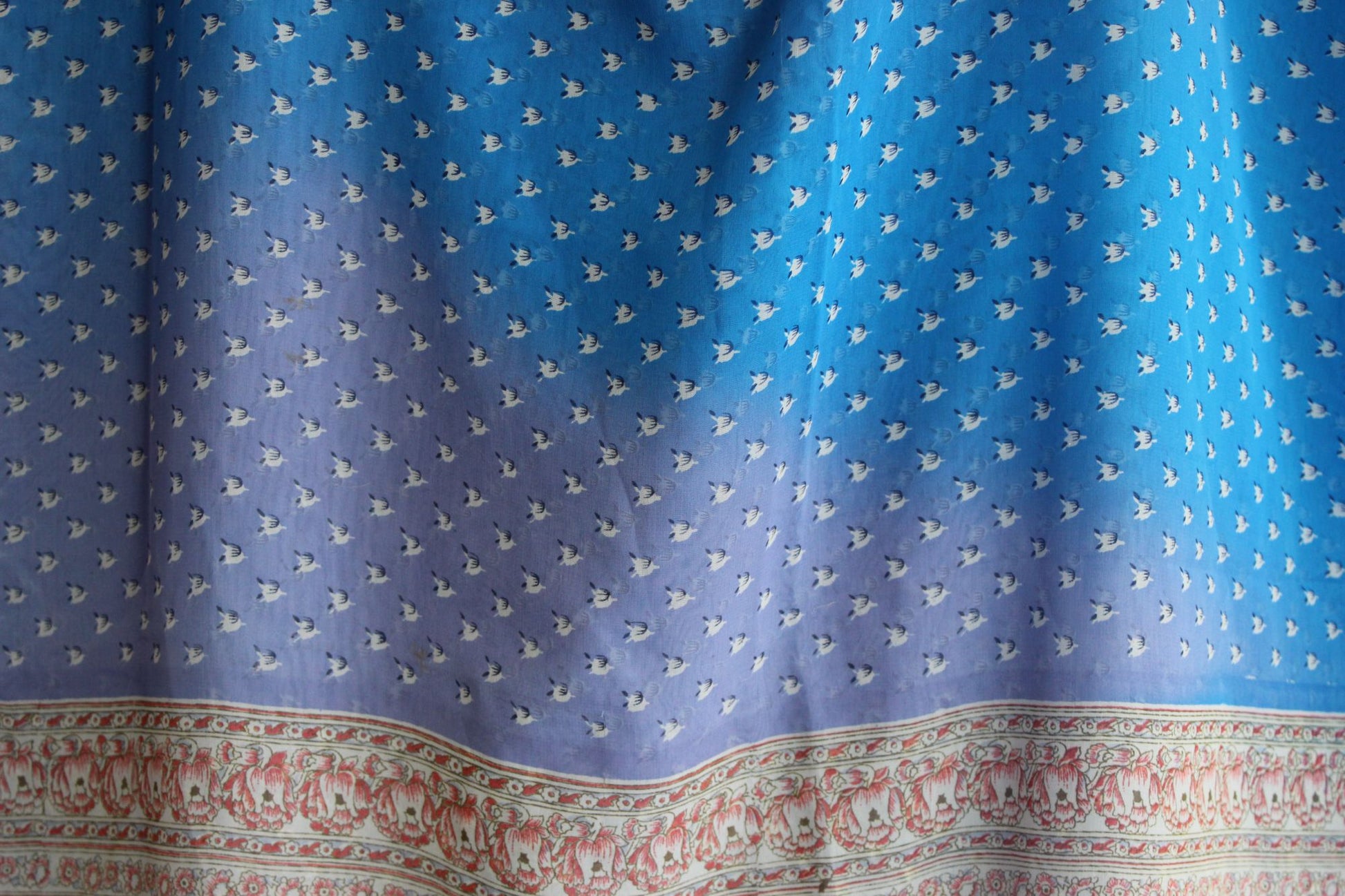 Vintage 1990s Authentic Sky Blue Chiffon with a Floral Print Indian Sari
