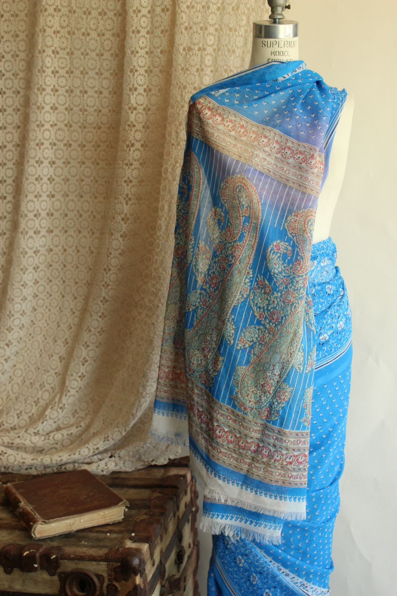 Vintage 1990s Authentic Sky Blue Chiffon with a Floral Print Indian Sari