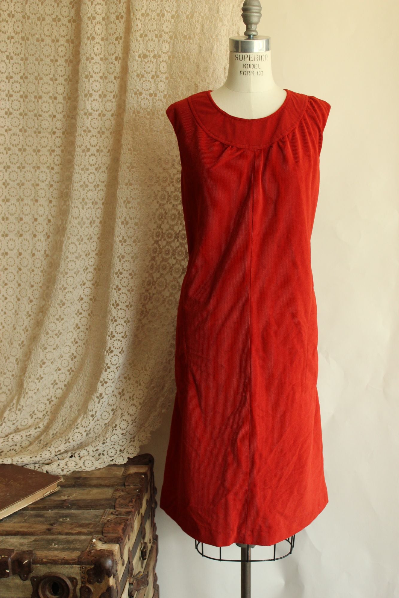 Vintage 1970s Red Corduroy Dress with Pockets