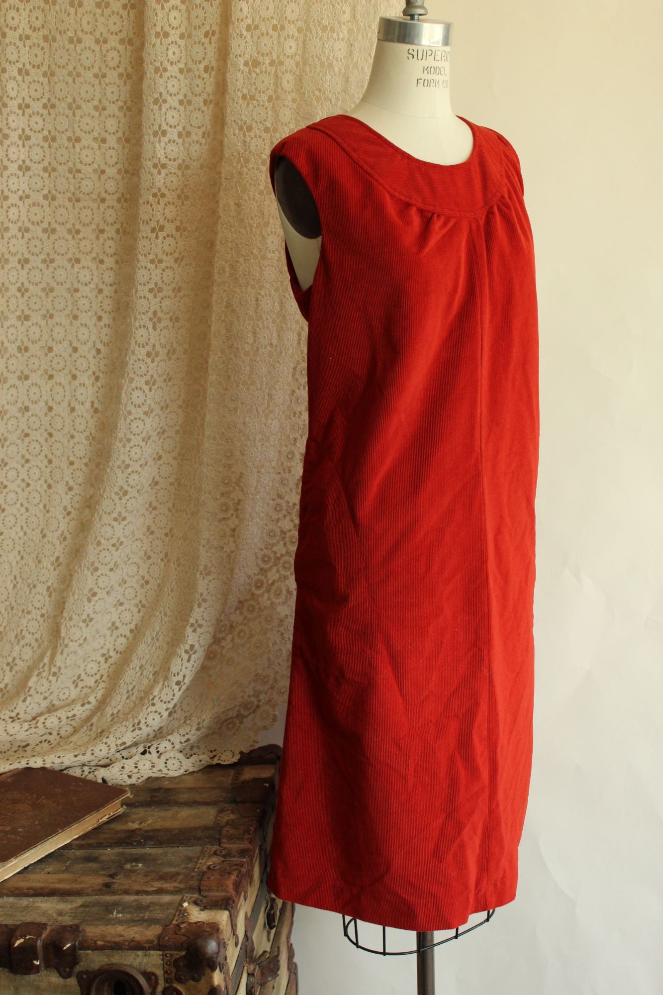 Vintage 1970s Red Corduroy Dress with Pockets