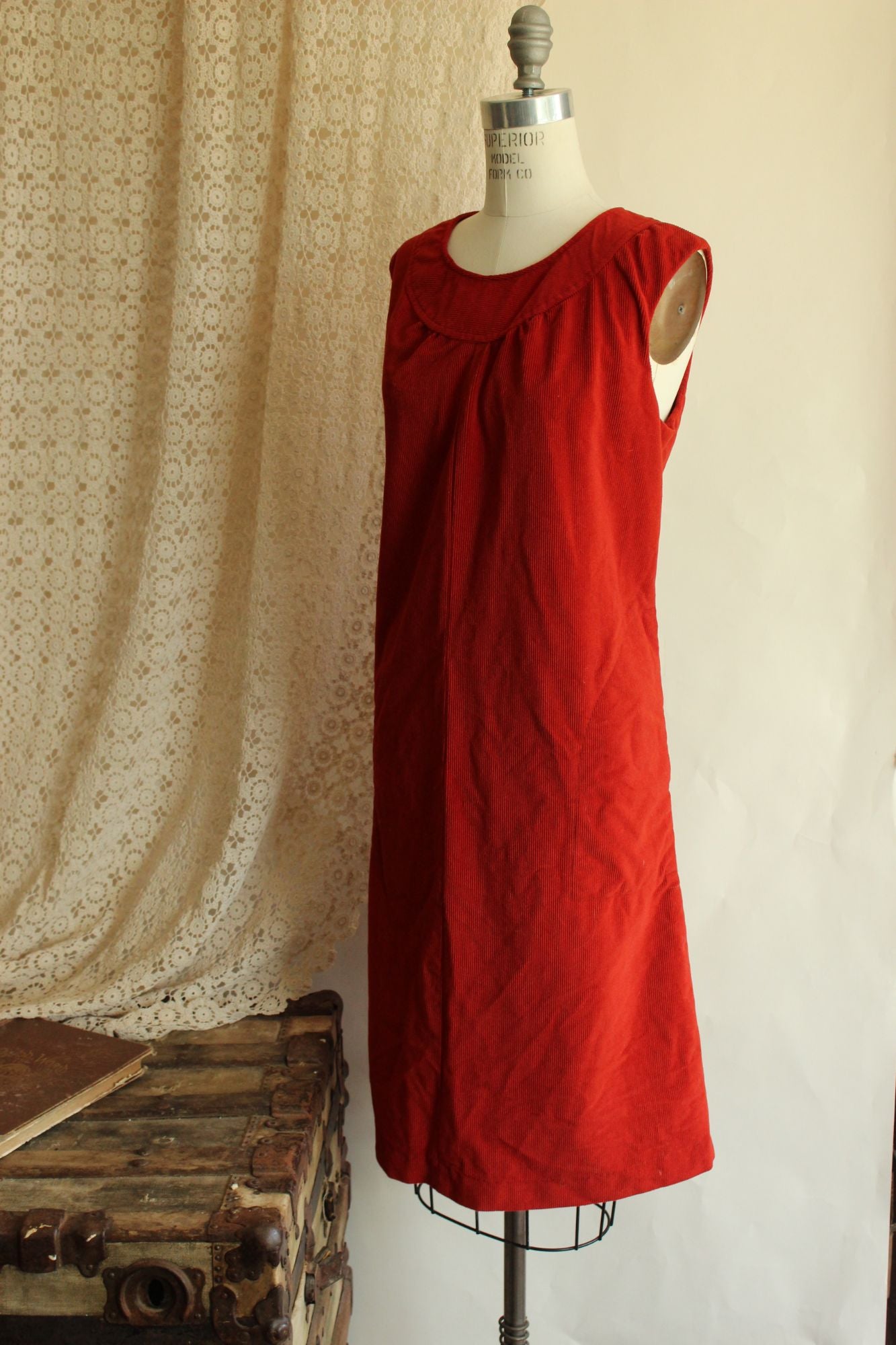 Vintage 1970s Red Corduroy Dress with Pockets