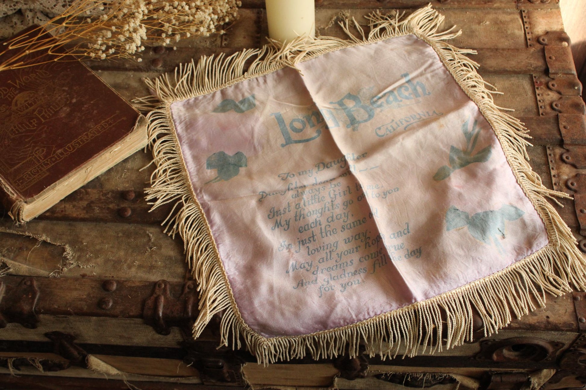 Vintage 1940s Long Beach CA Souvenir Pillowcase