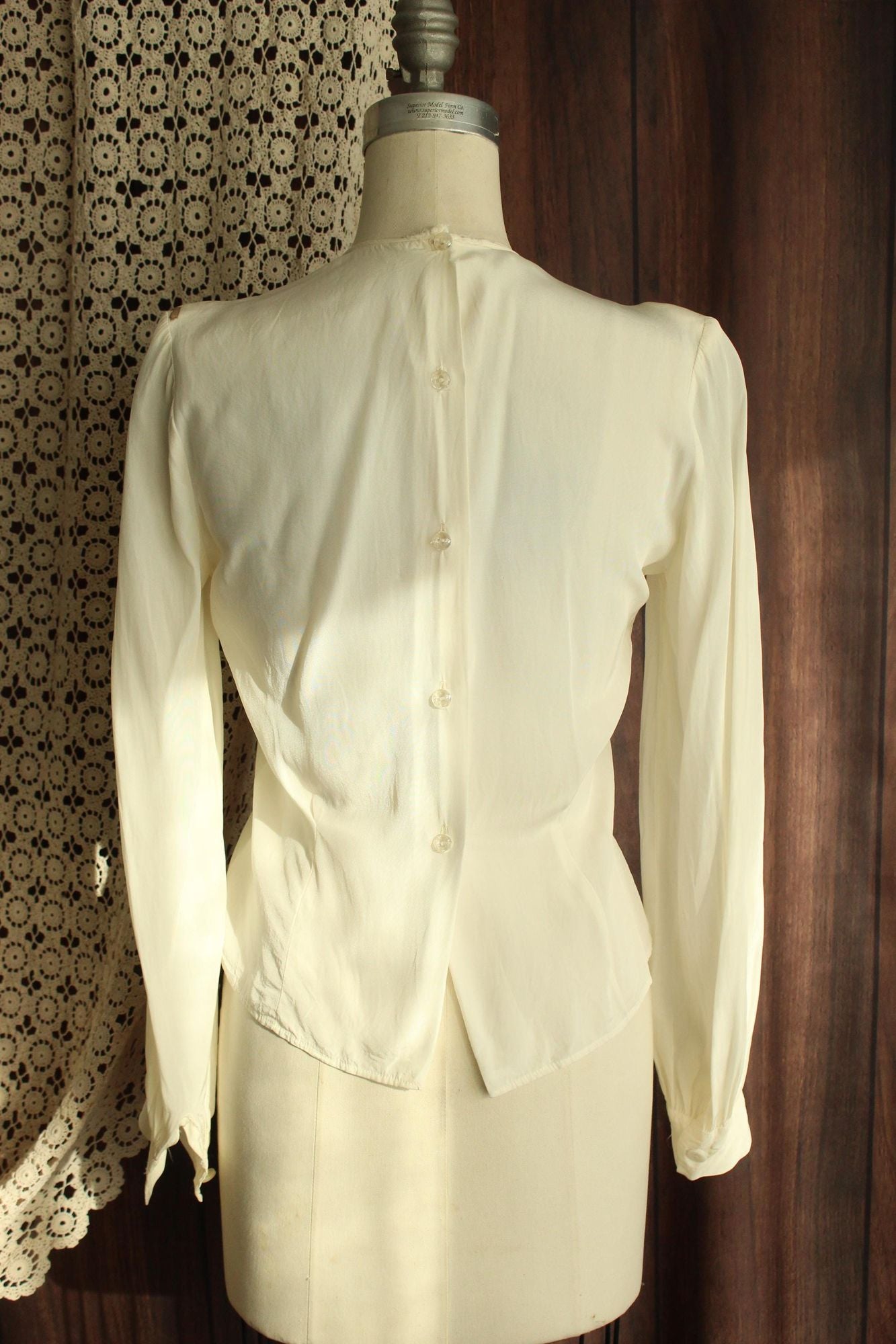 Vintage 1940s Blouse, White Rayon Shirt with Shoulder pads, Grandma Core