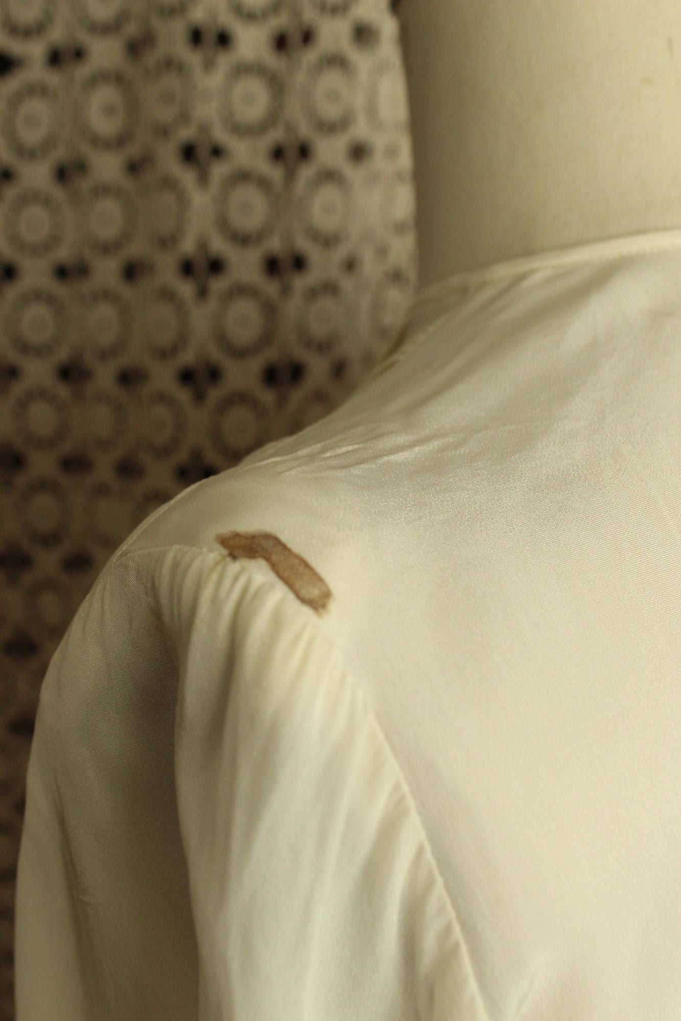 Vintage 1940s Blouse, White Rayon Shirt with Shoulder pads, Grandma Core