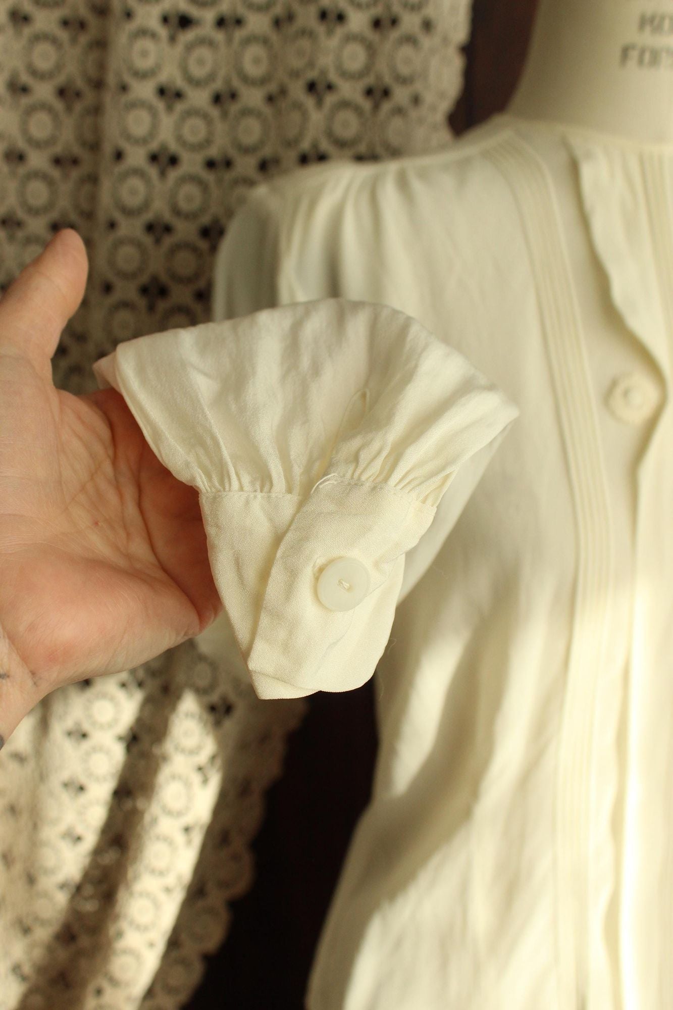 Vintage 1940s Blouse, White Rayon Shirt with Shoulder pads, Grandma Core