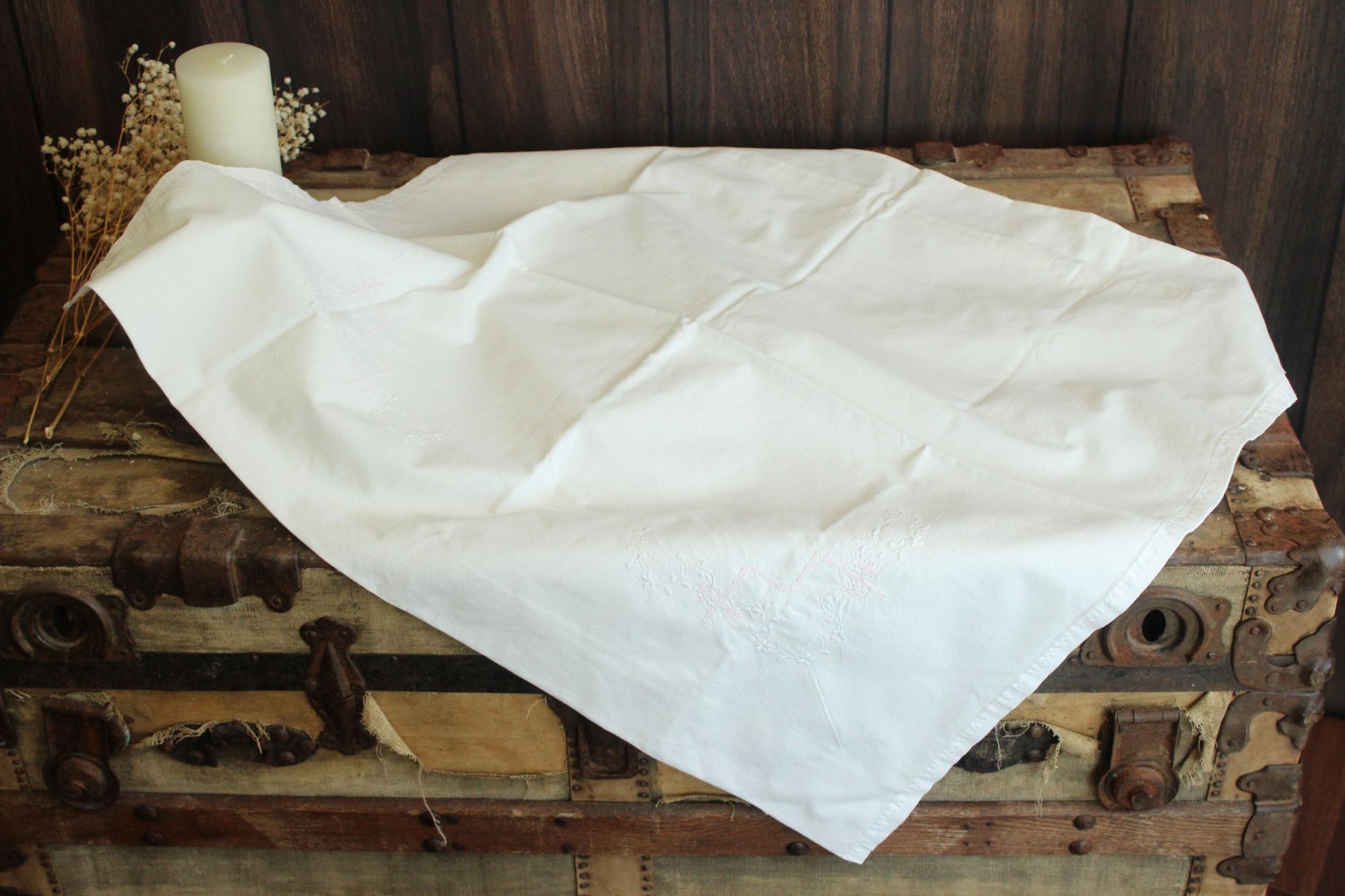 Antique Victorian Pillow Sham With Pink And White Embroidery