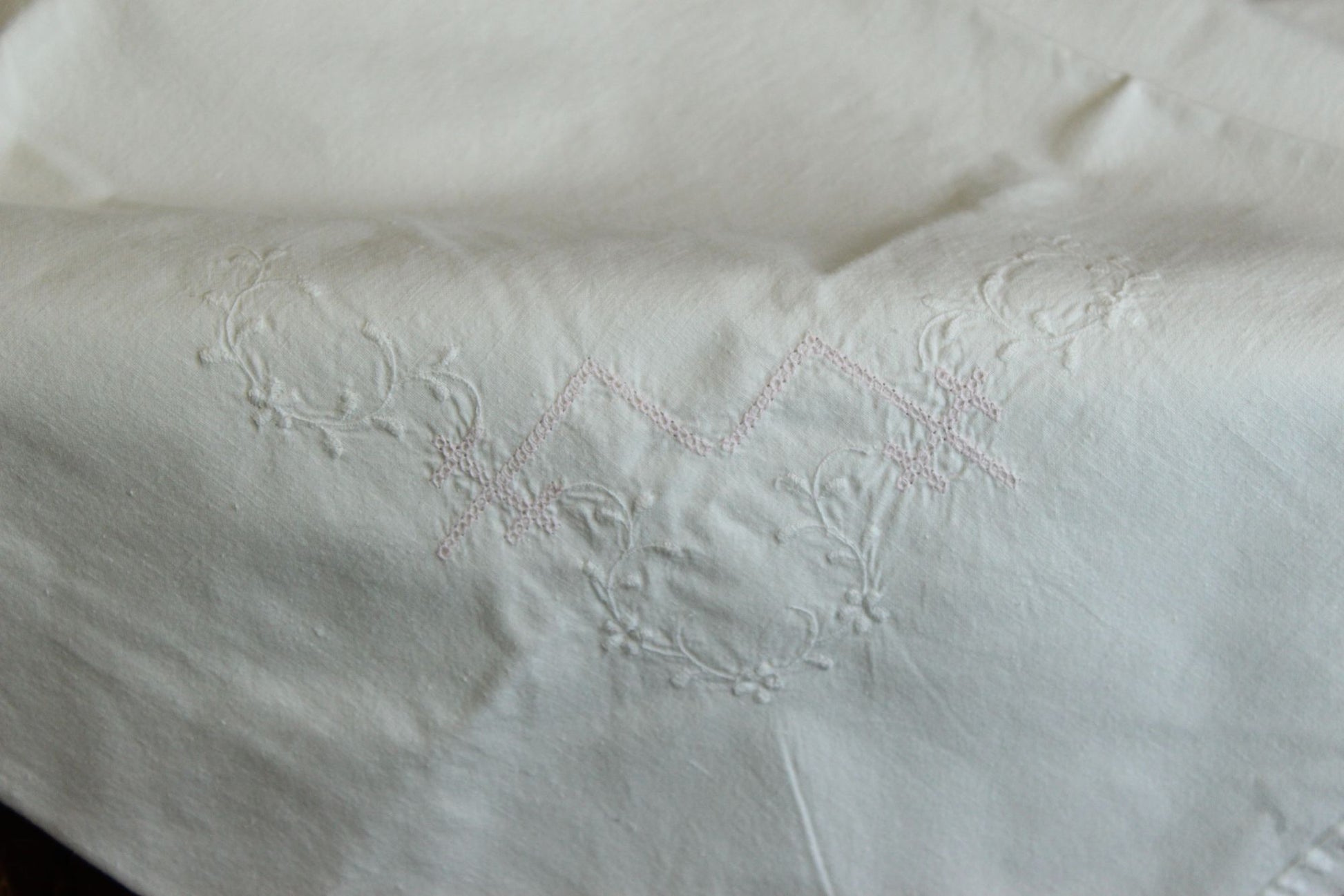Antique Victorian Pillow Sham With Pink And White Embroidery