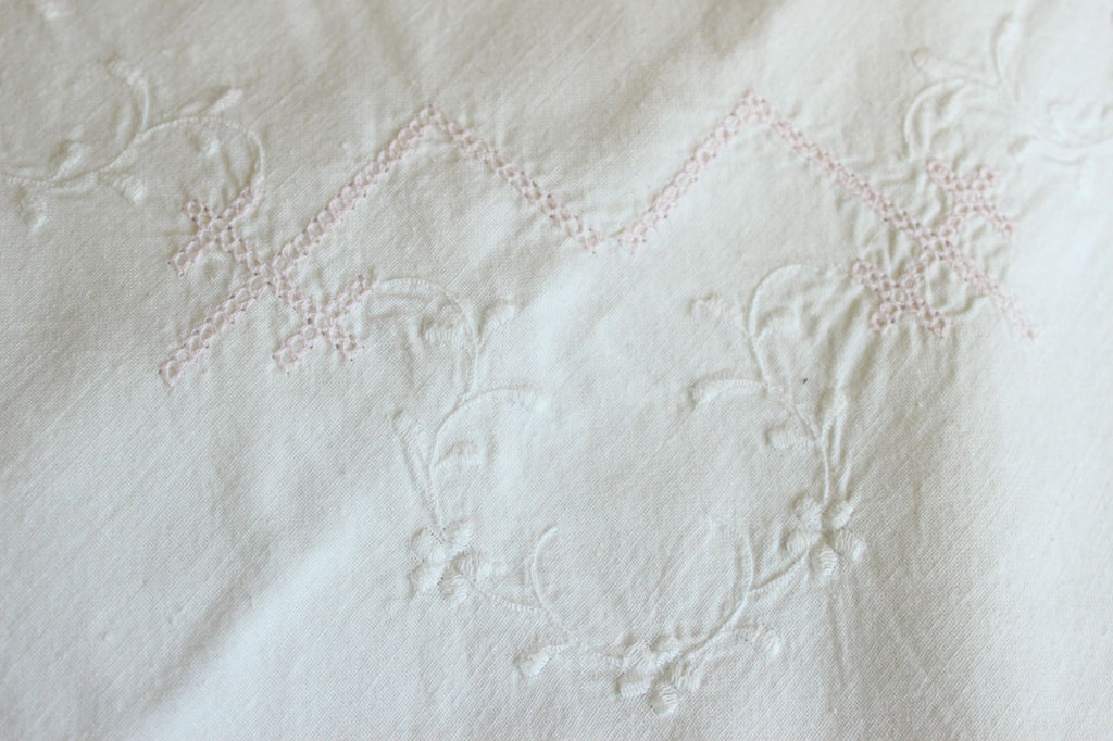 Antique Victorian Pillow Sham With Pink And White Embroidery