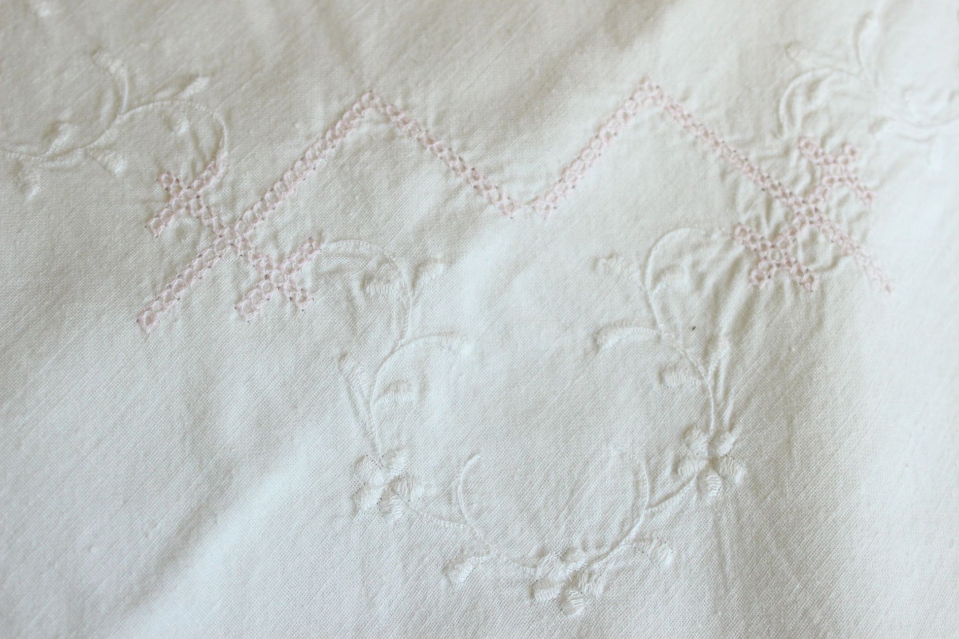 Antique Victorian Pillow Sham With Pink And White Embroidery