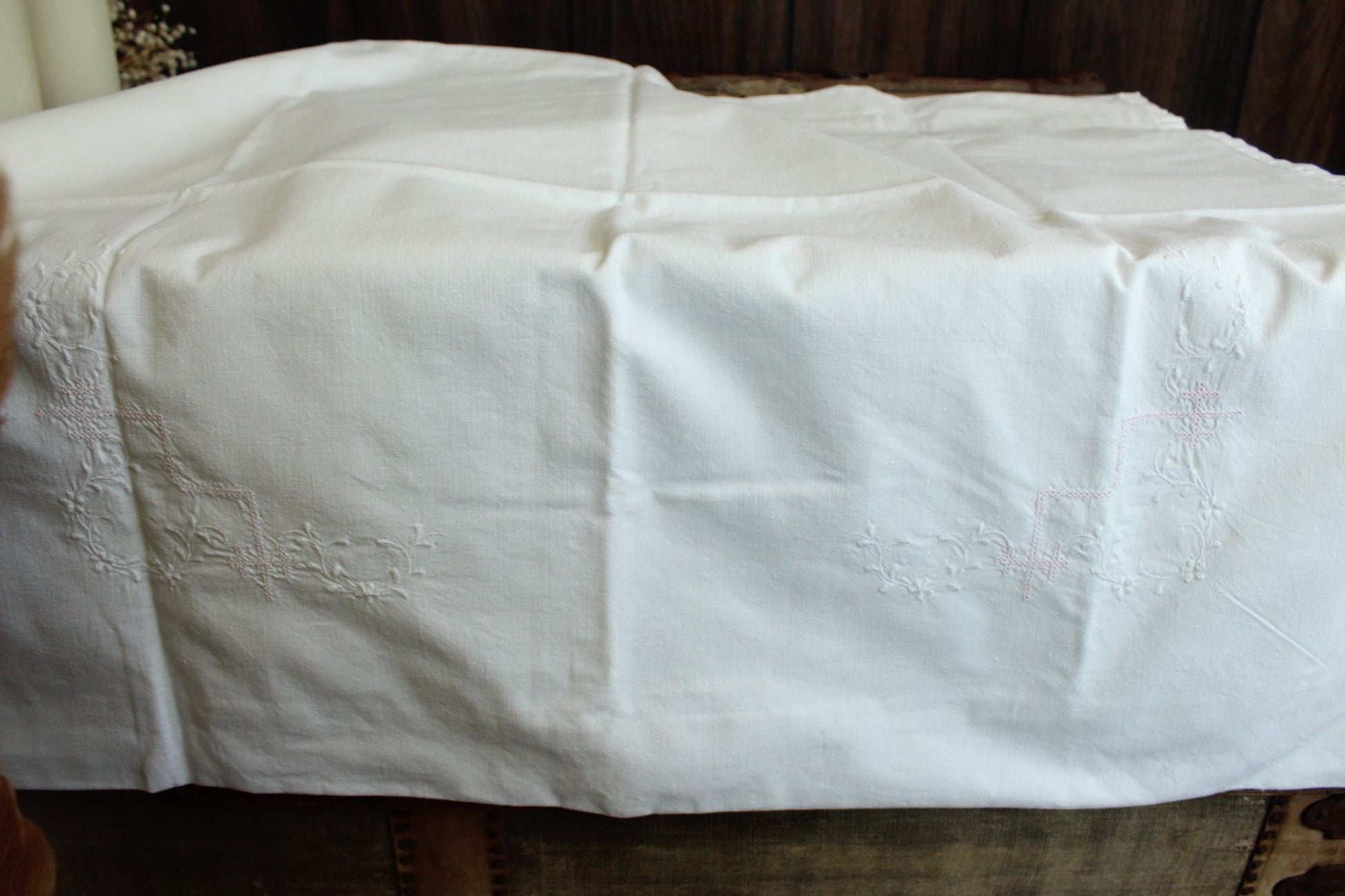Antique Victorian Pillow Sham With Pink And White Embroidery