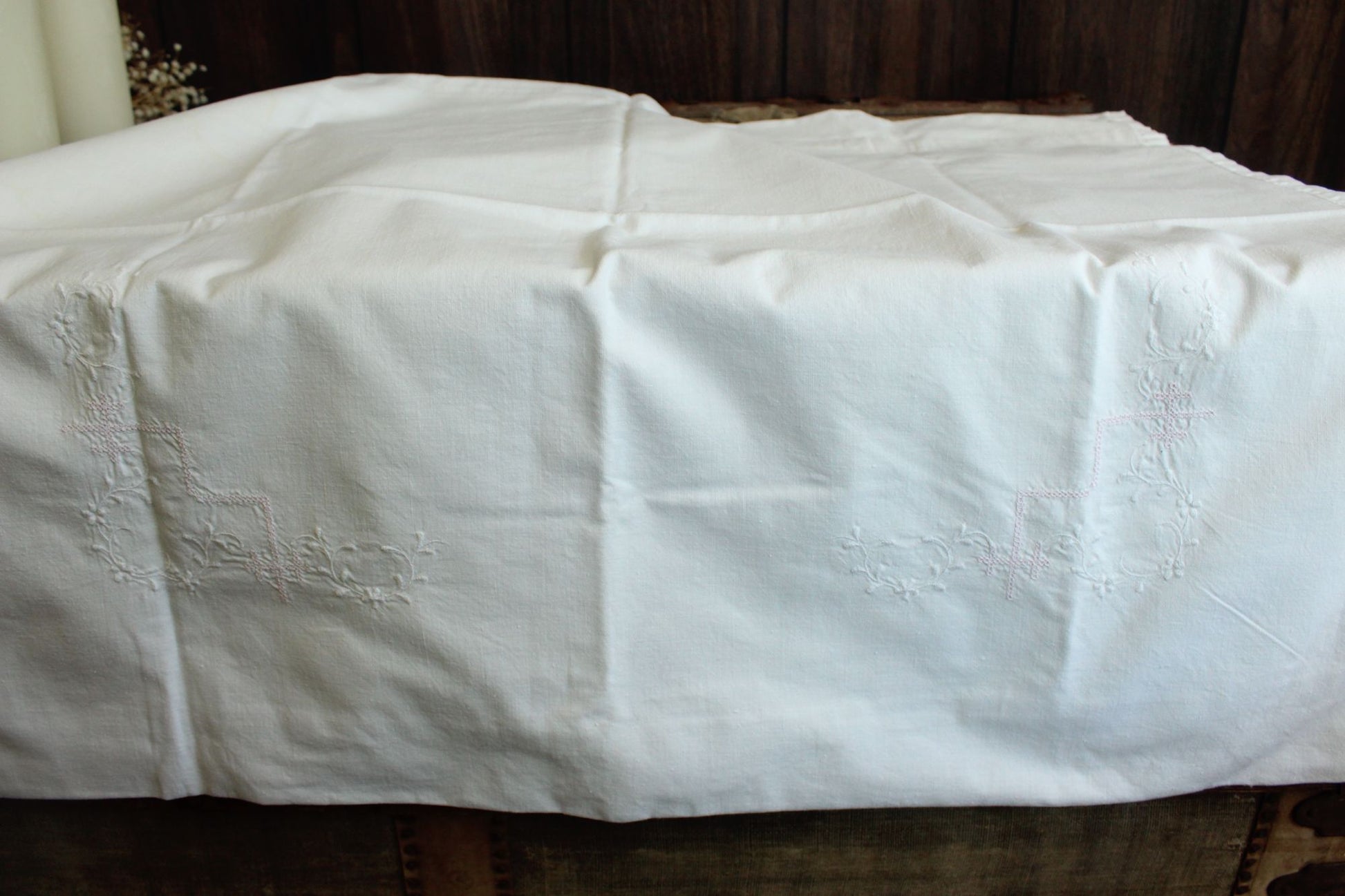 Antique Victorian Pillow Sham With Pink And White Embroidery