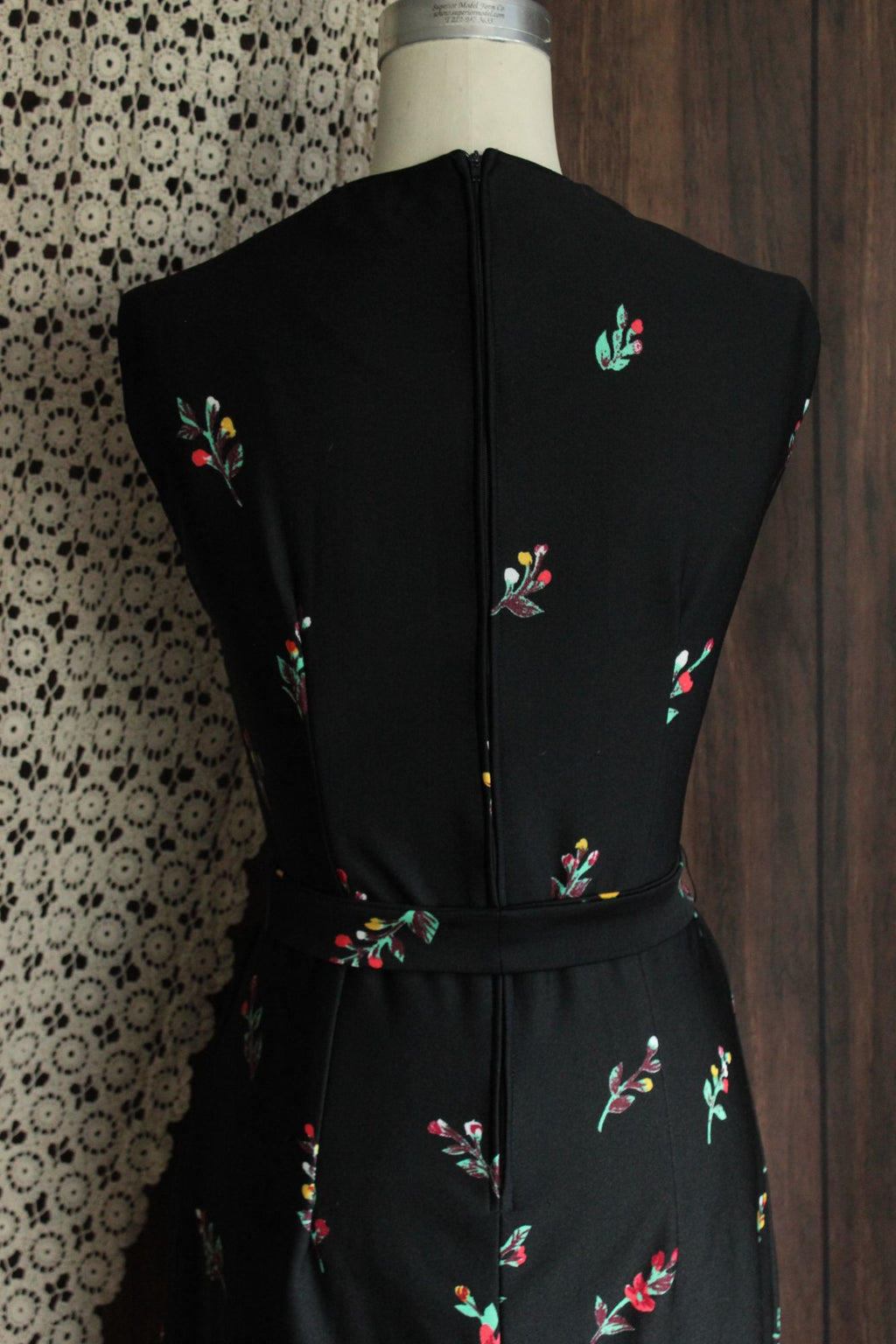 Vintage 1970s Lady Carol Black Floral Print Maxidress