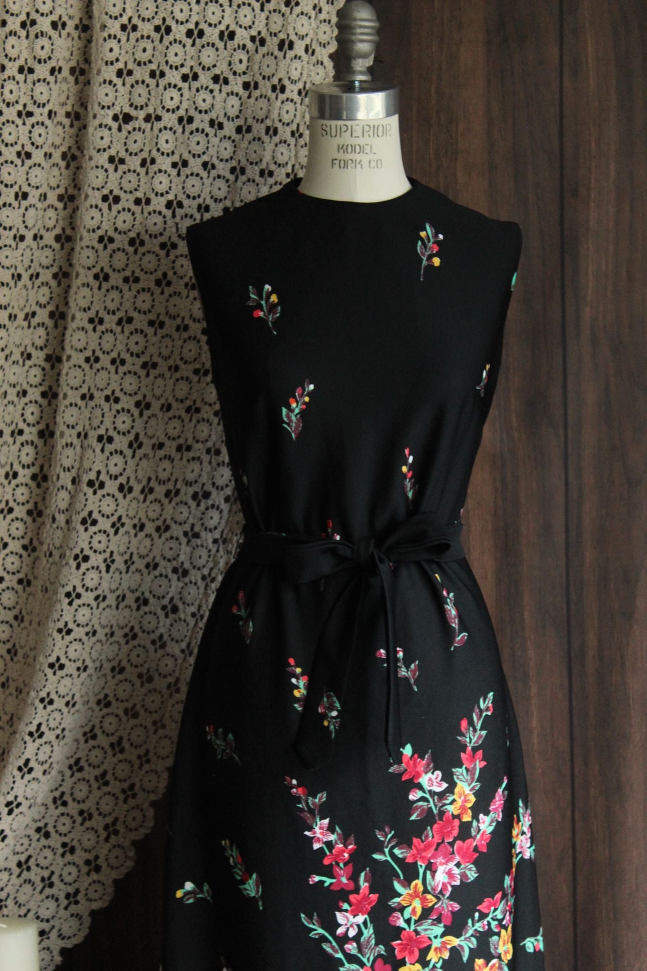 Vintage 1970s Lady Carol Black Floral Print Maxidress