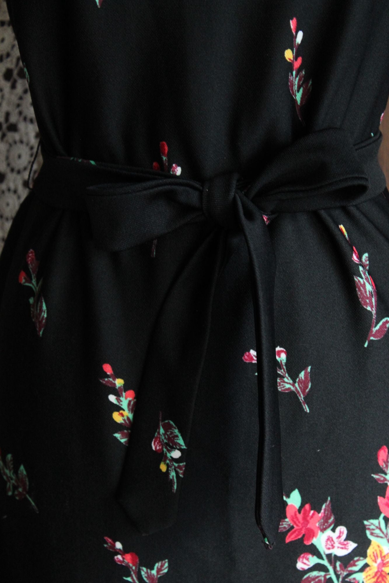 Vintage 1970s Lady Carol Black Floral Print Maxidress