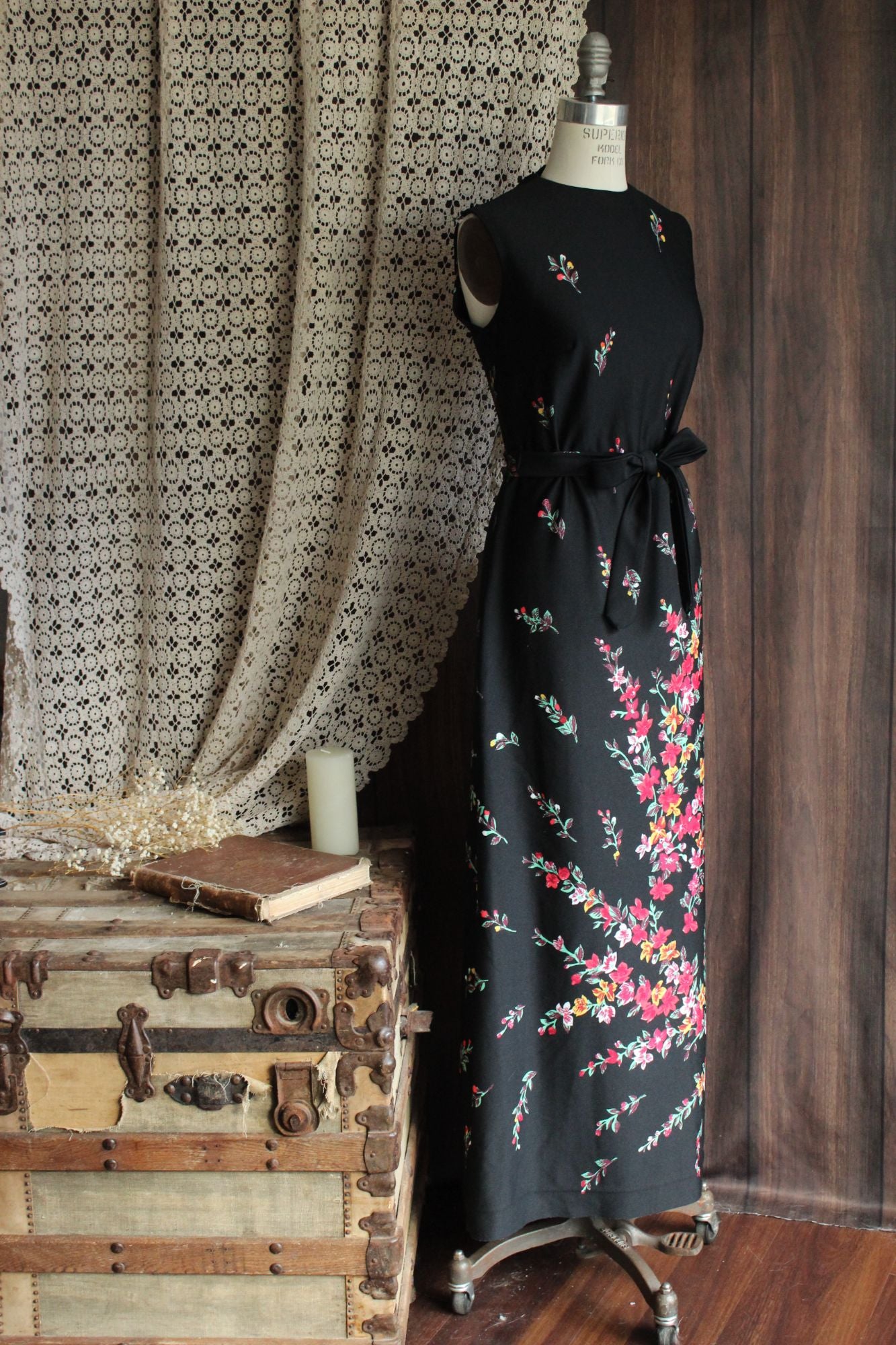 Vintage 1970s Lady Carol Black Floral Print Maxidress