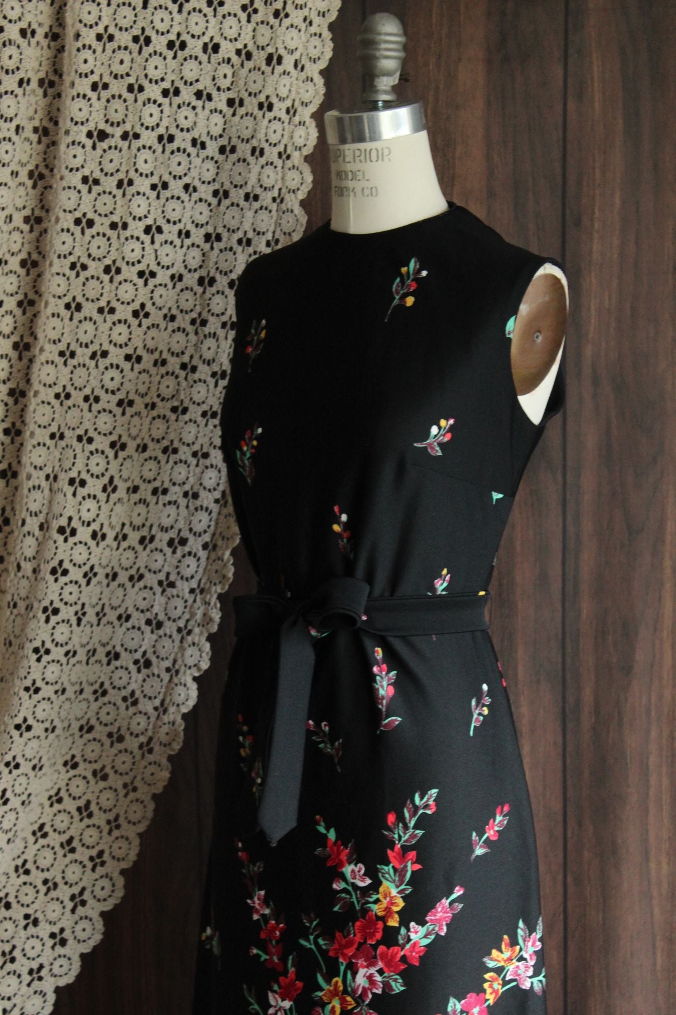Vintage 1970s Lady Carol Black Floral Print Maxidress