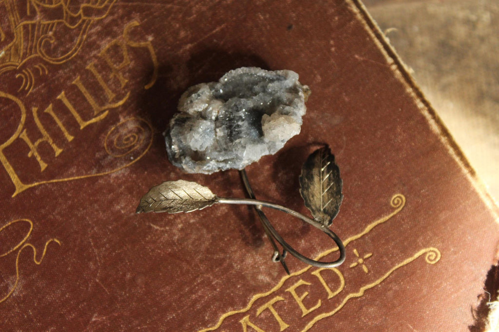 Vintage 1920s 1930s Crystal Flower with Metal Leaves Brooch