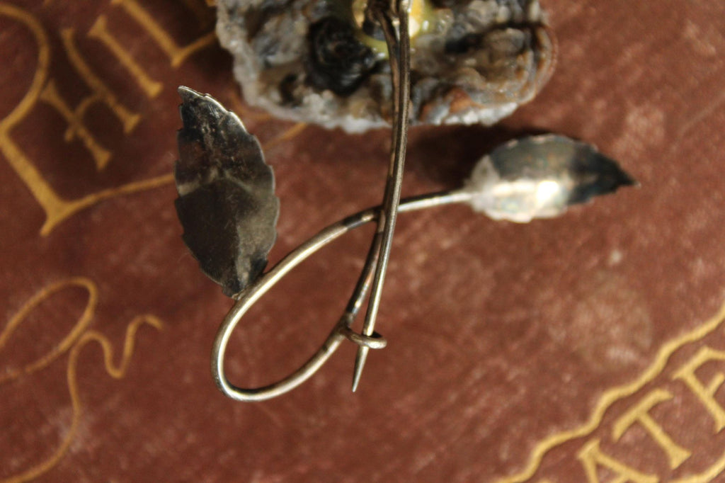 Vintage 1920s 1930s Crystal Flower with Metal Leaves Brooch