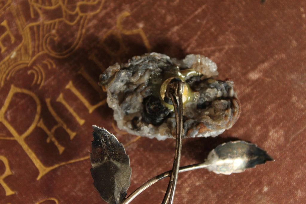 Vintage 1920s 1930s Crystal Flower with Metal Leaves Brooch