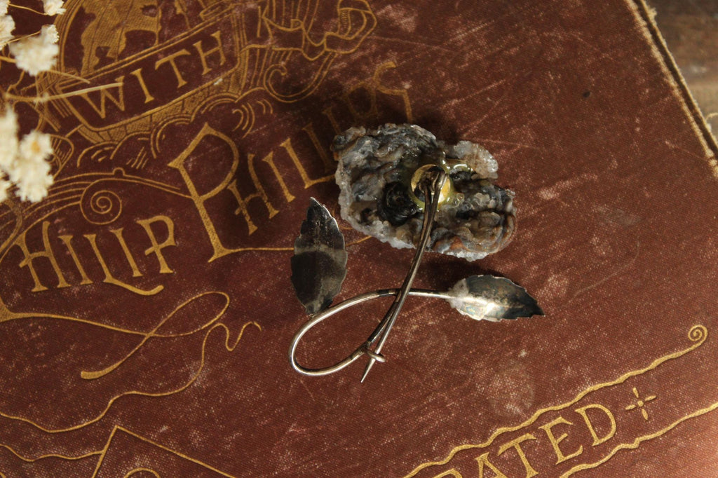 Vintage 1920s 1930s Crystal Flower with Metal Leaves Brooch