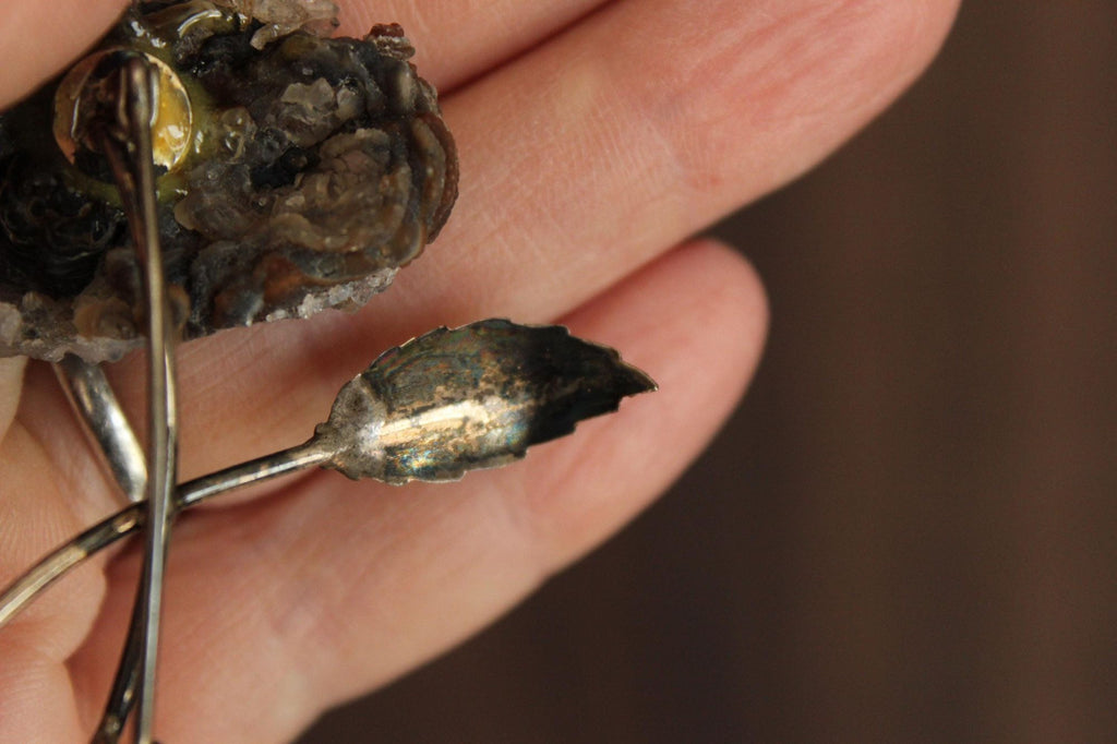 Vintage 1920s 1930s Crystal Flower with Metal Leaves Brooch