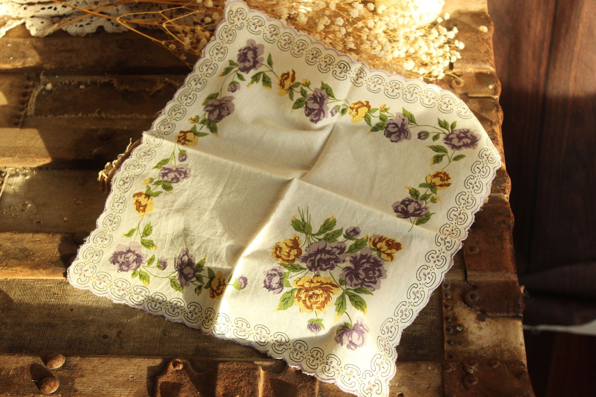 Vintage Purple and Yellow Roses Handkerchief
