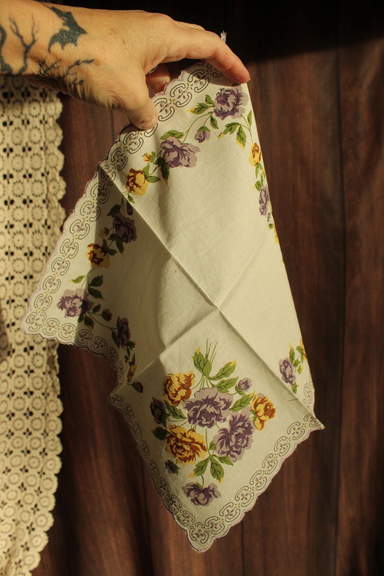 Vintage Purple and Yellow Roses Handkerchief