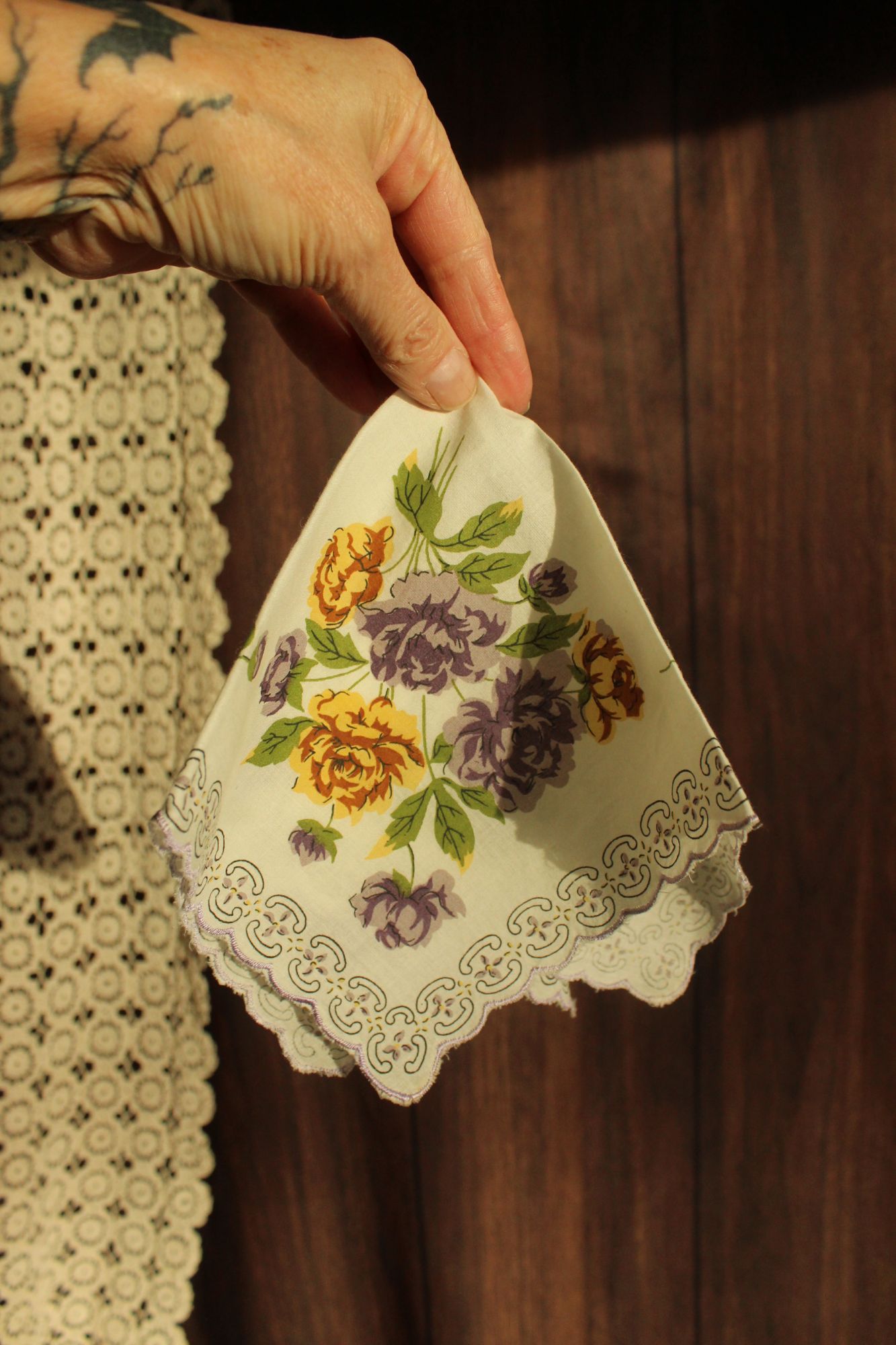 Vintage Purple and Yellow Roses Handkerchief