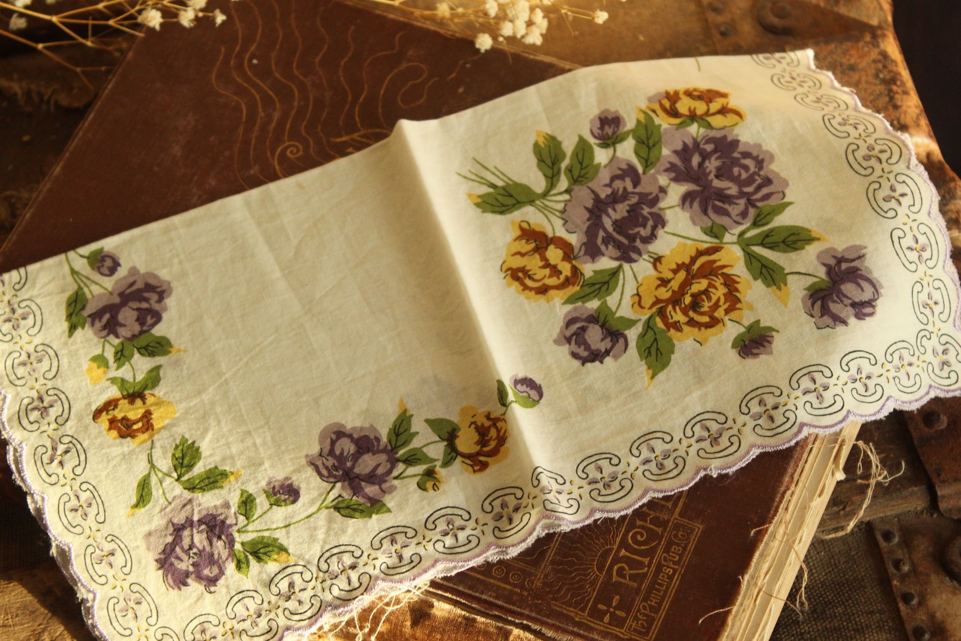 Vintage Purple and Yellow Roses Handkerchief