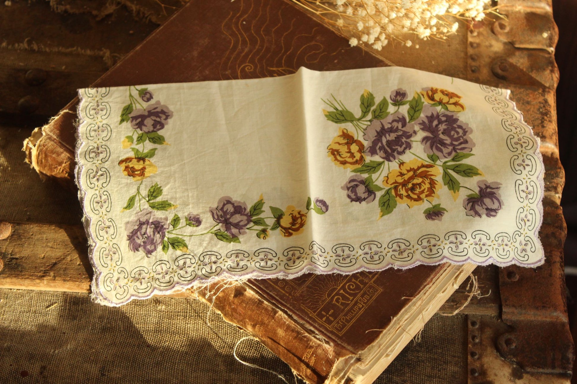 Vintage Purple and Yellow Roses Handkerchief