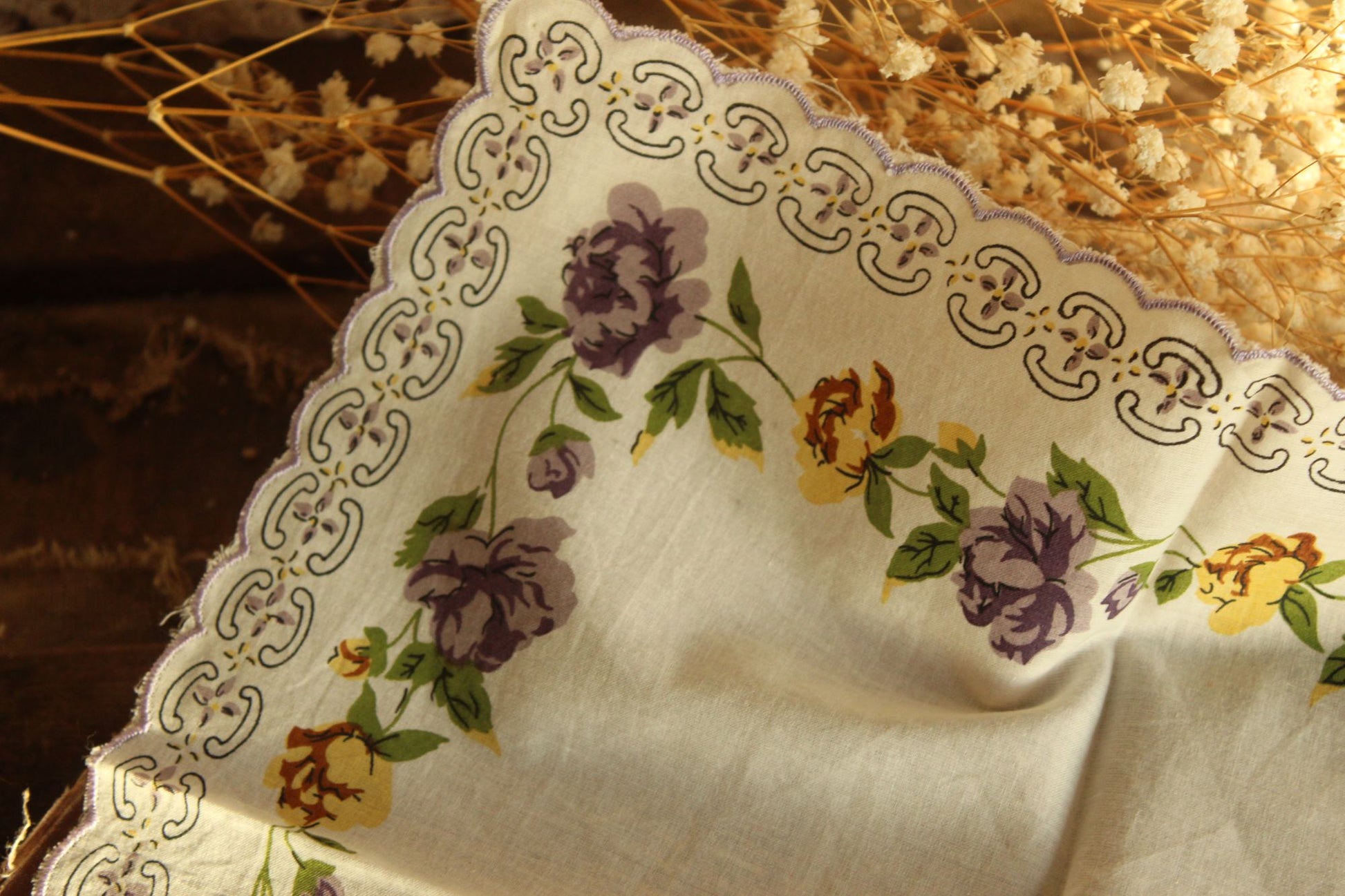 Vintage Purple and Yellow Roses Handkerchief