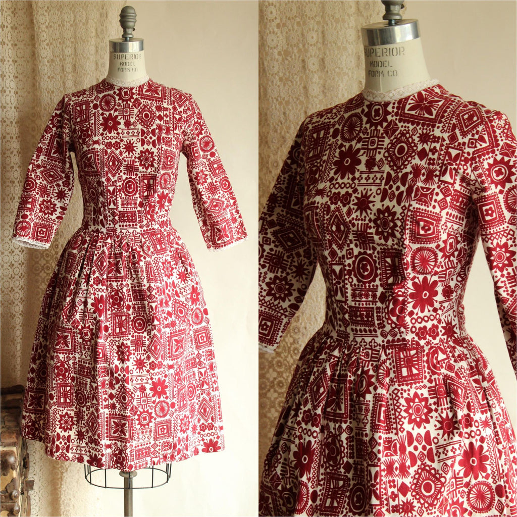 Vintage 1950s Dress, Red and White Cotton Fit and Flare with Lace Trim