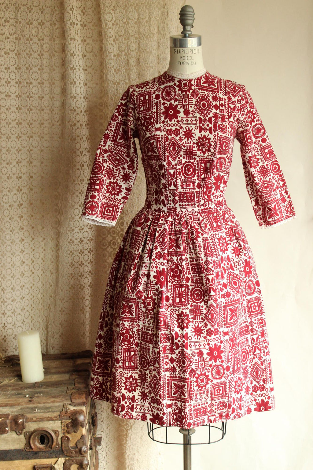 Vintage 1950s Dress, Red and White Cotton Fit and Flare with Lace Trim