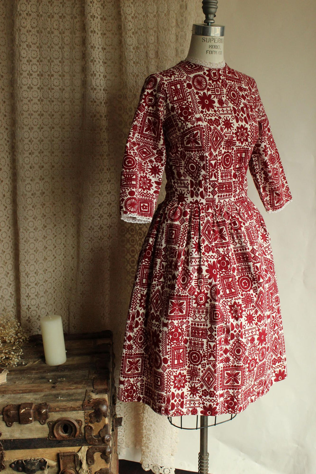 Vintage 1950s Dress, Red and White Cotton Fit and Flare with Lace Trim