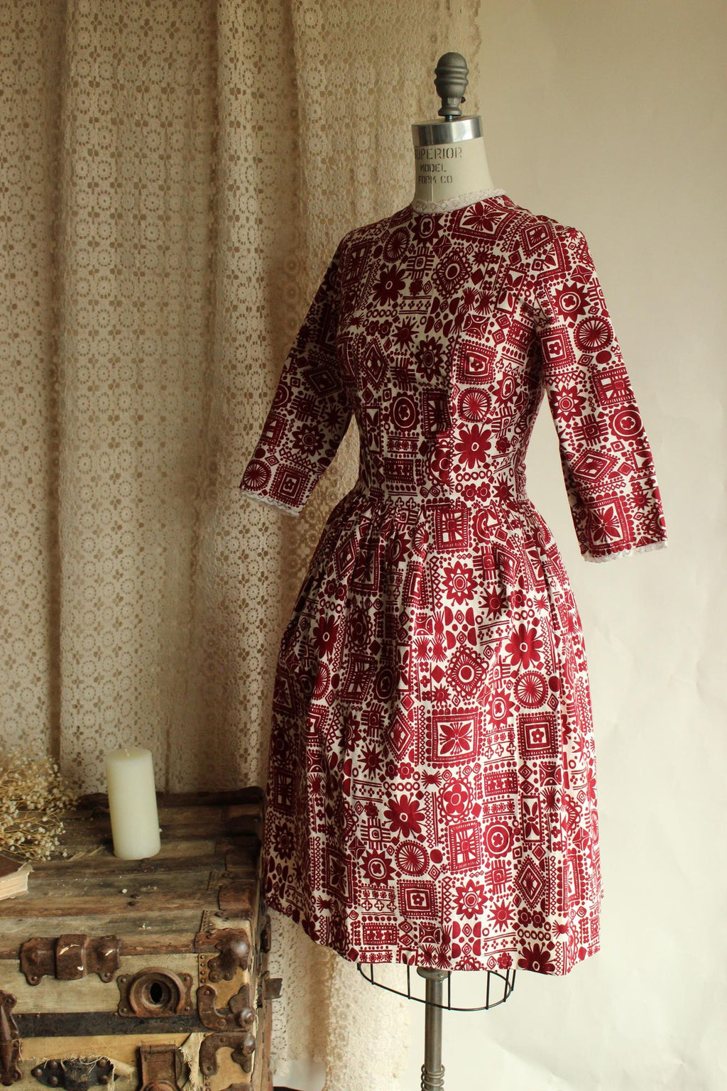 Vintage 1950s Dress, Red and White Cotton Fit and Flare with Lace Trim