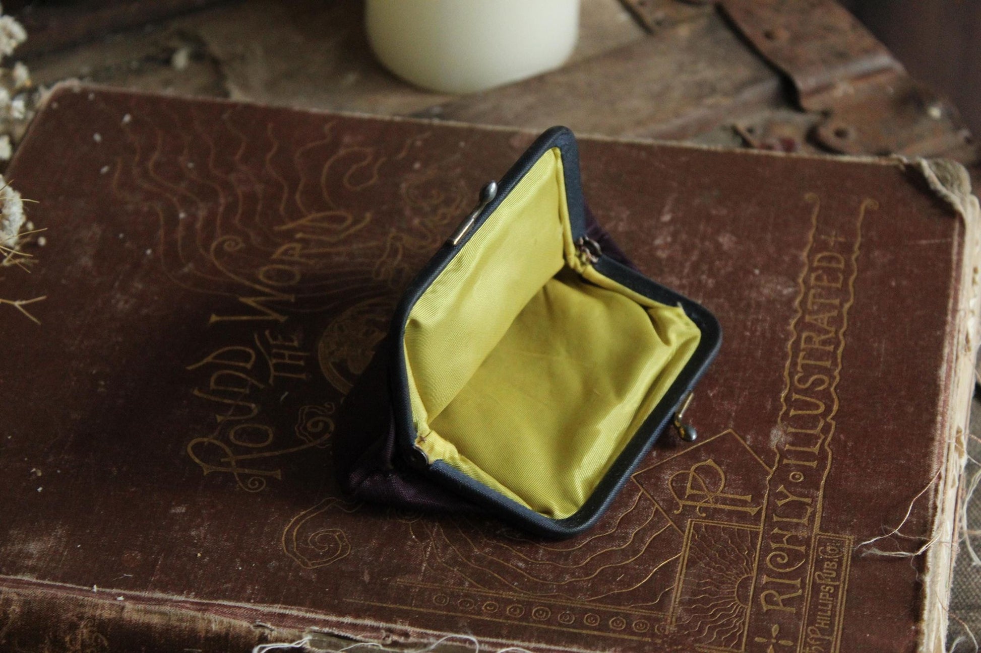 Vintage 1940s Coin Purse, Purple Black Faille Clutch Or Makeup Bag with Kiss Clasp