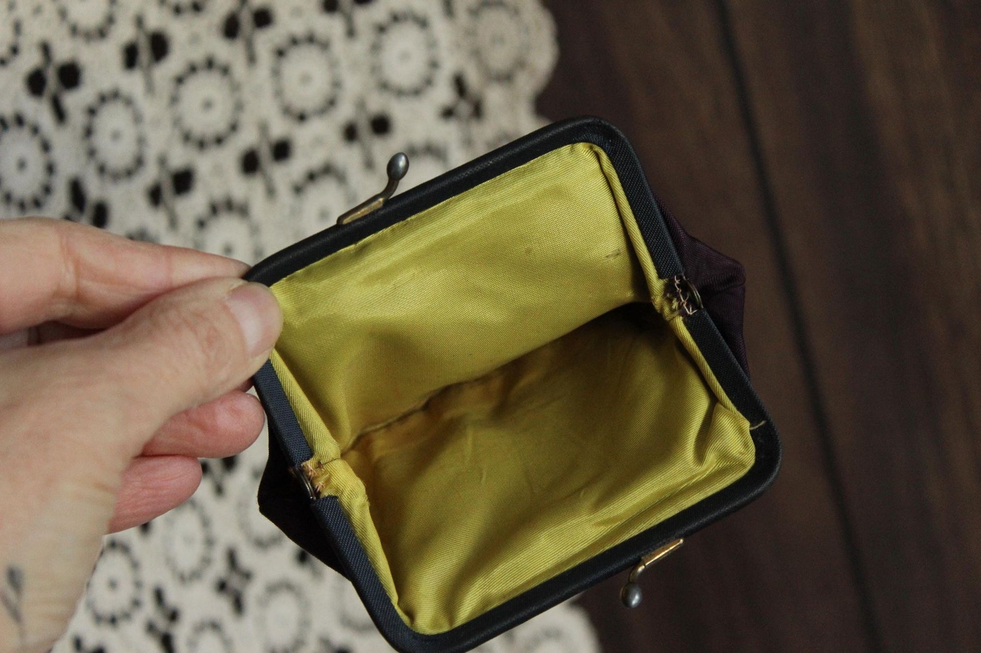 Vintage 1940s Coin Purse, Purple Black Faille Clutch Or Makeup Bag with Kiss Clasp