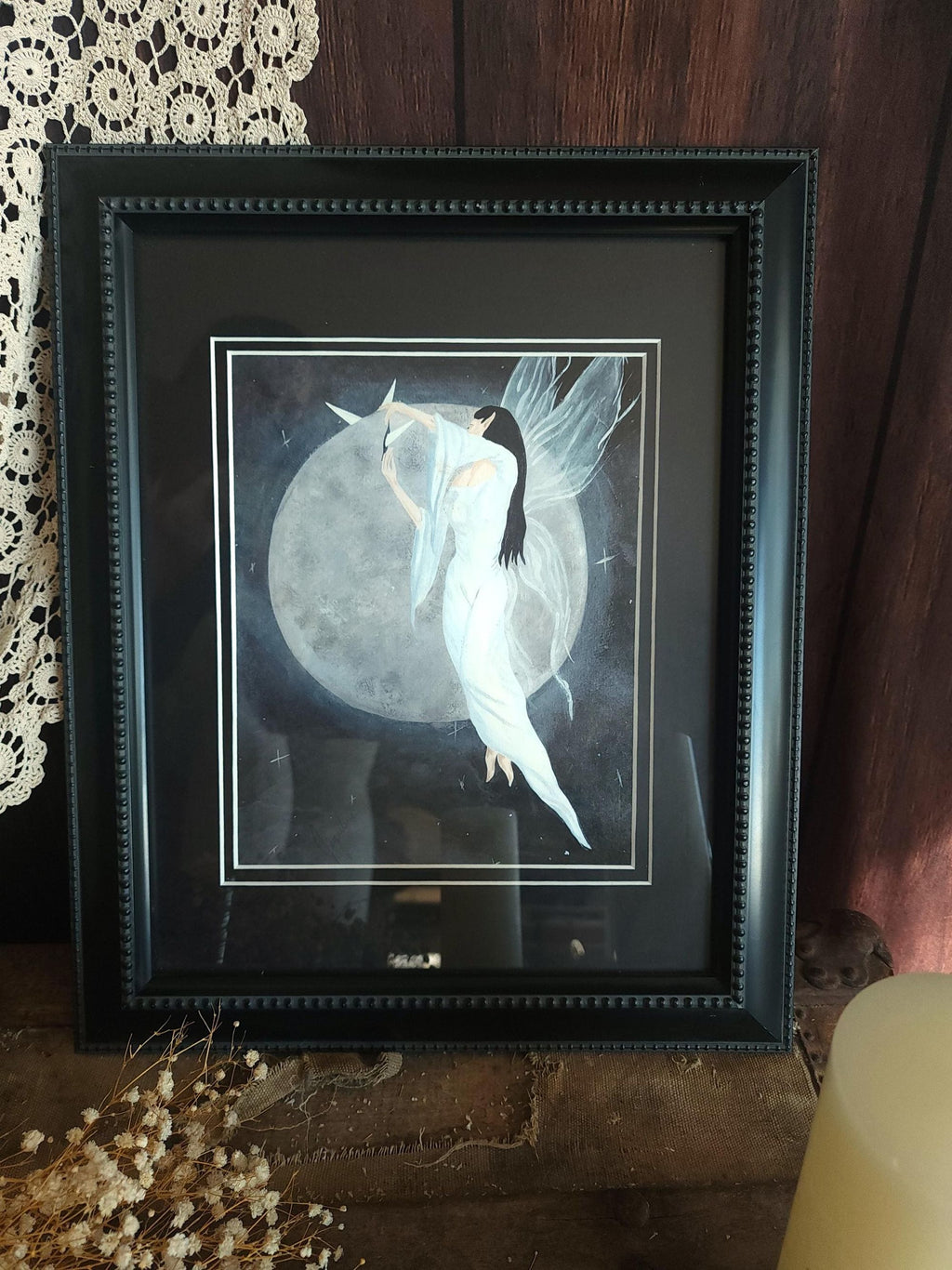 Vintage 2000s "Hanging the Moon" Print Double Matted in Black Frame