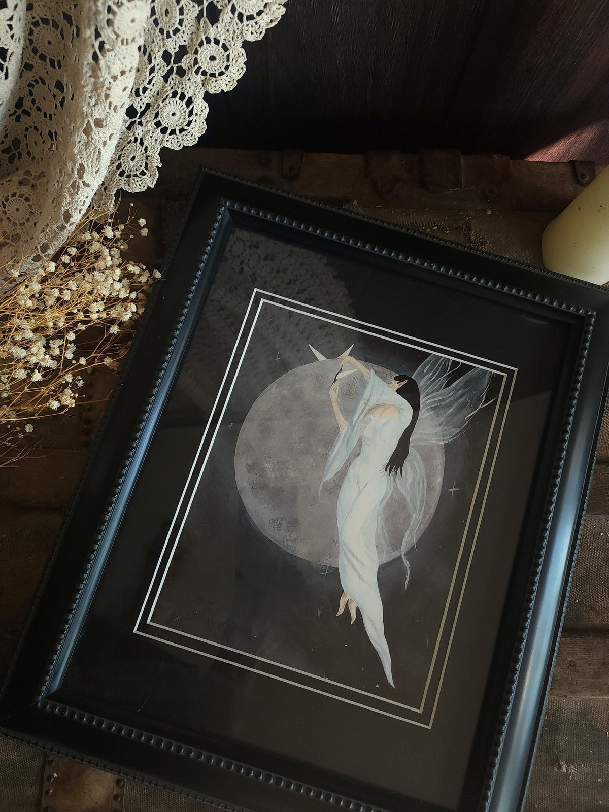Vintage 2000s "Hanging the Moon" Print Double Matted in Black Frame