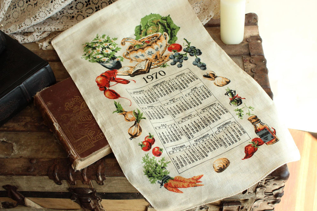 Vintage 1970 Calendar Towel with Hanging Rod