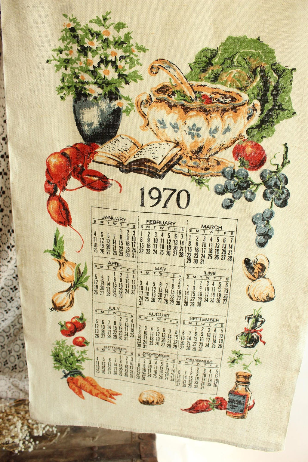 Vintage 1970 Calendar Towel with Hanging Rod