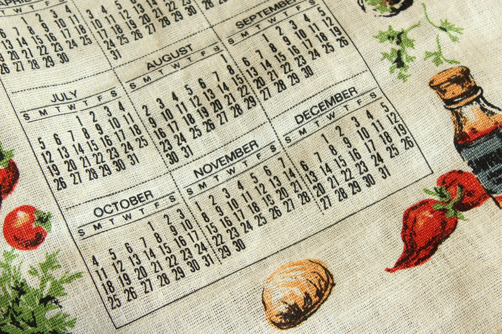 Vintage 1970 Calendar Towel with Hanging Rod