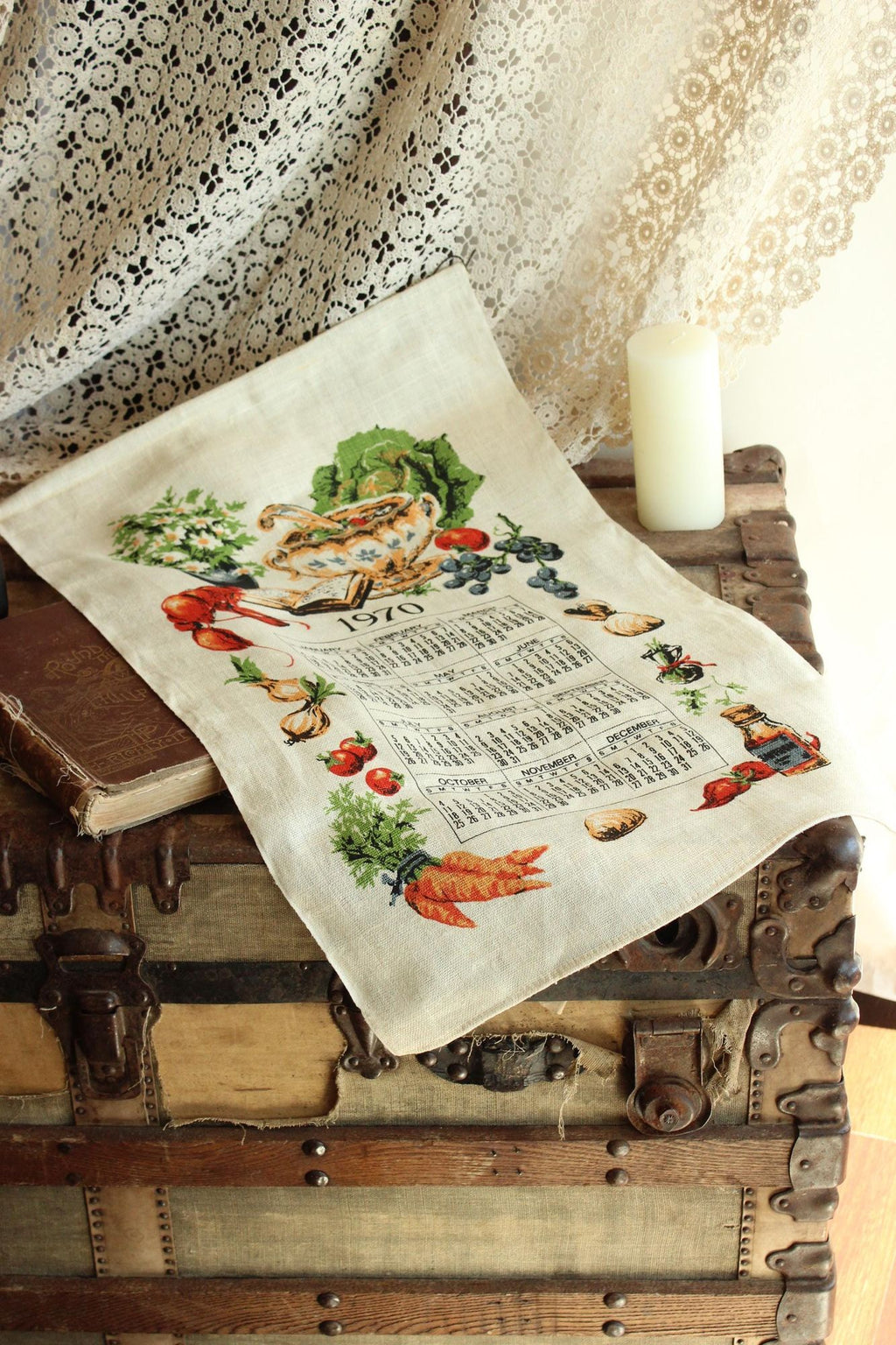 Vintage 1970 Calendar Towel with Hanging Rod