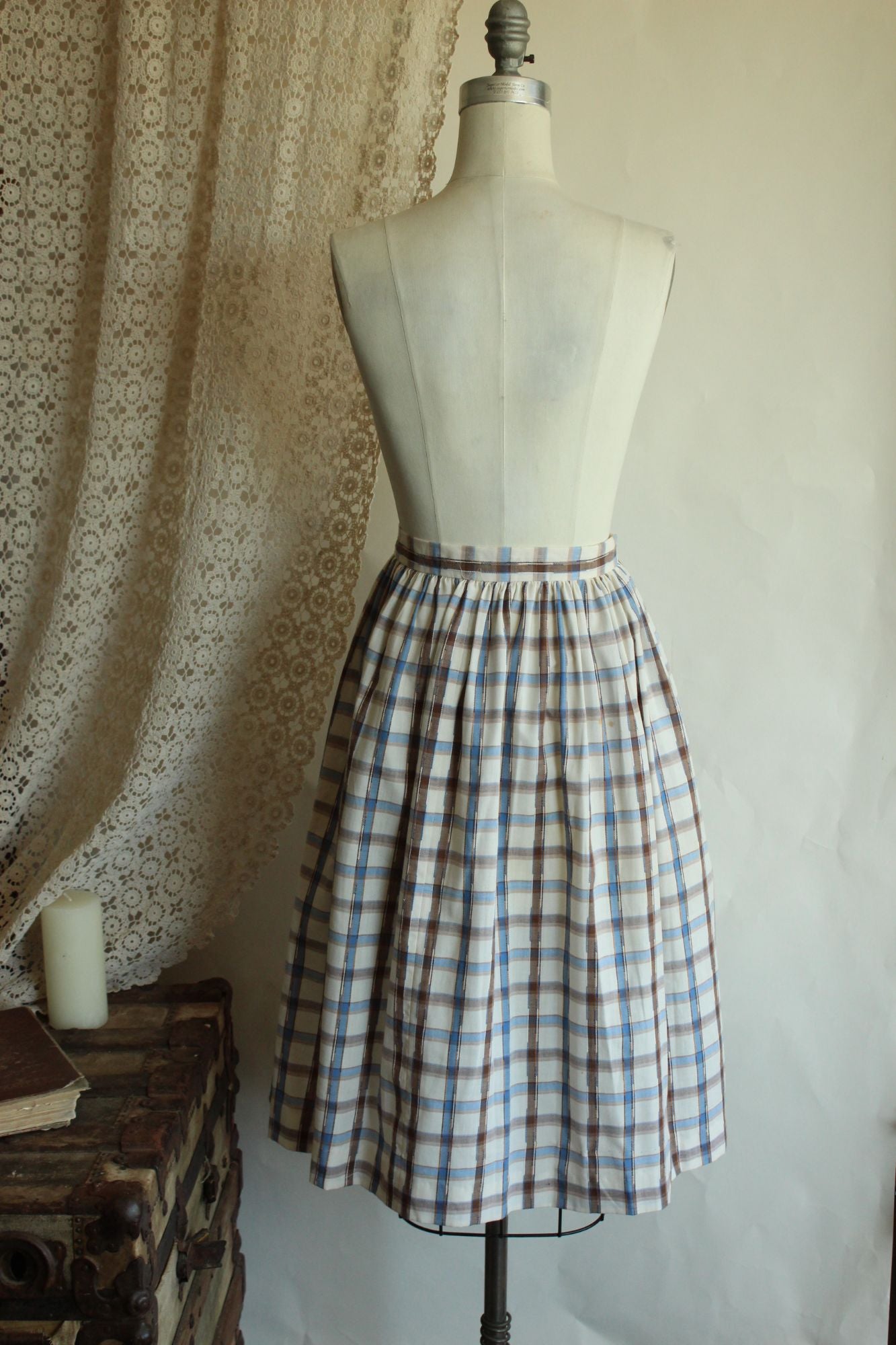 Vintage 1960s 1970s Plaid Blue and Brown Check Full Skirt