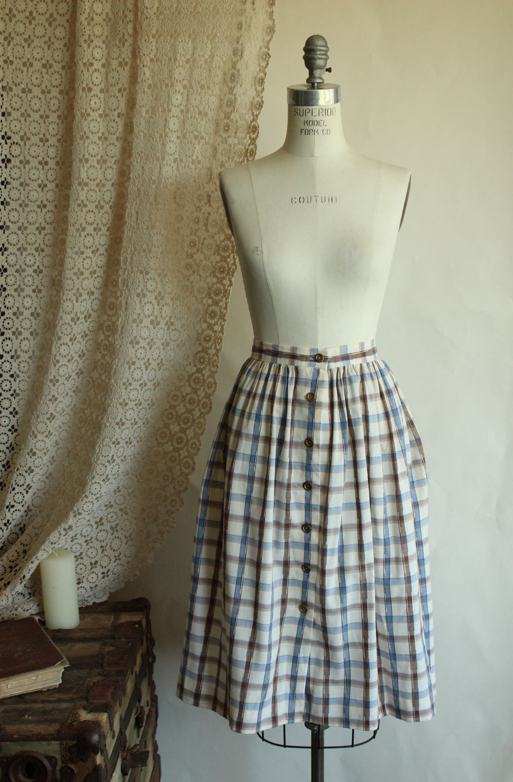 Vintage 1960s 1970s Plaid Blue and Brown Check Full Skirt