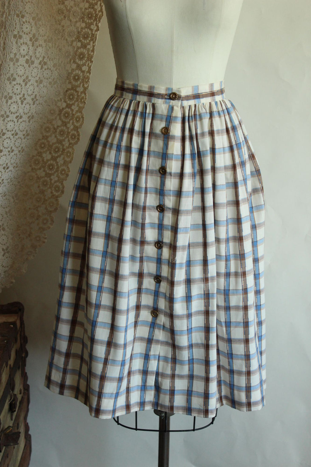 Vintage 1960s 1970s Plaid Blue and Brown Check Full Skirt