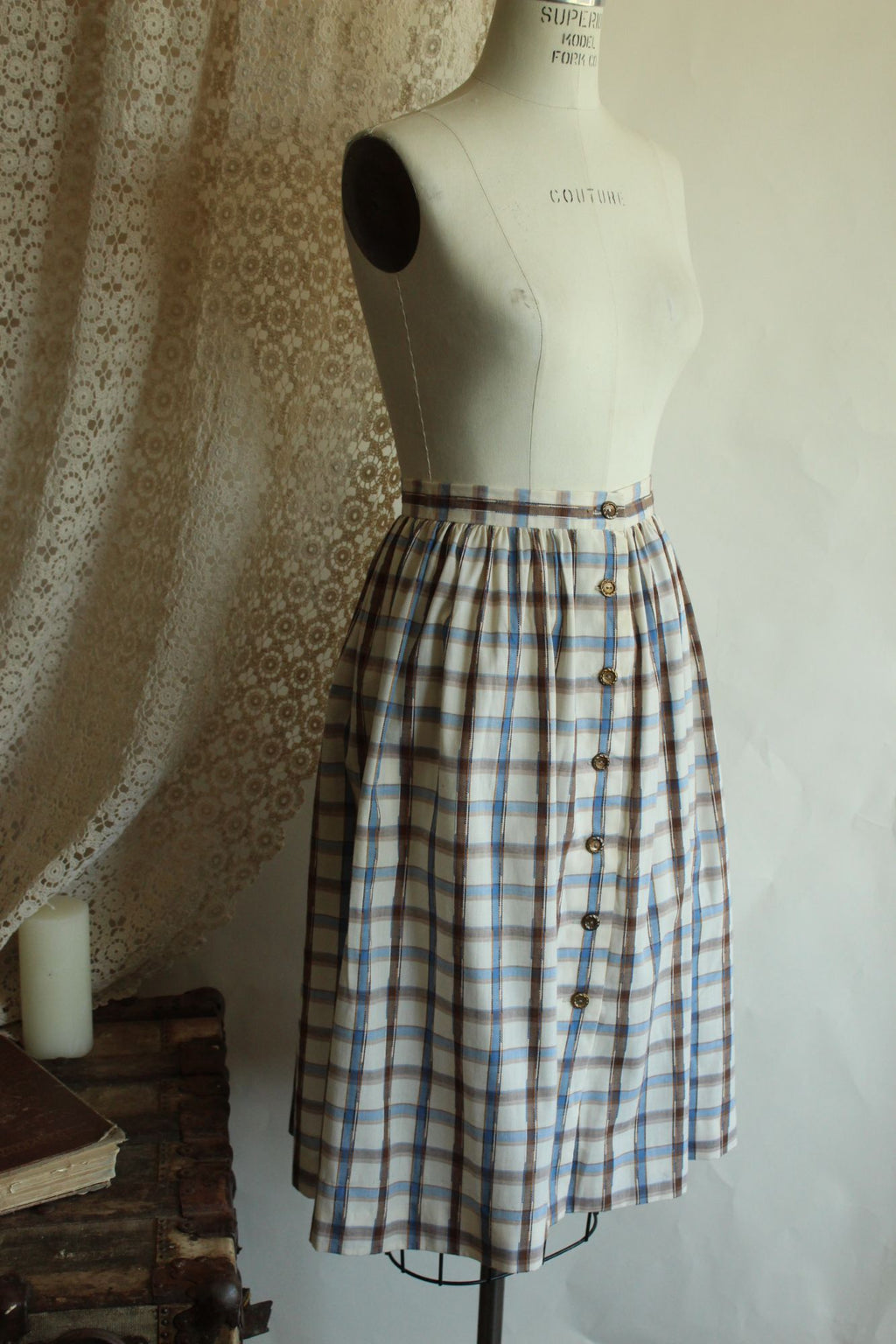 Vintage 1960s 1970s Plaid Blue and Brown Check Full Skirt