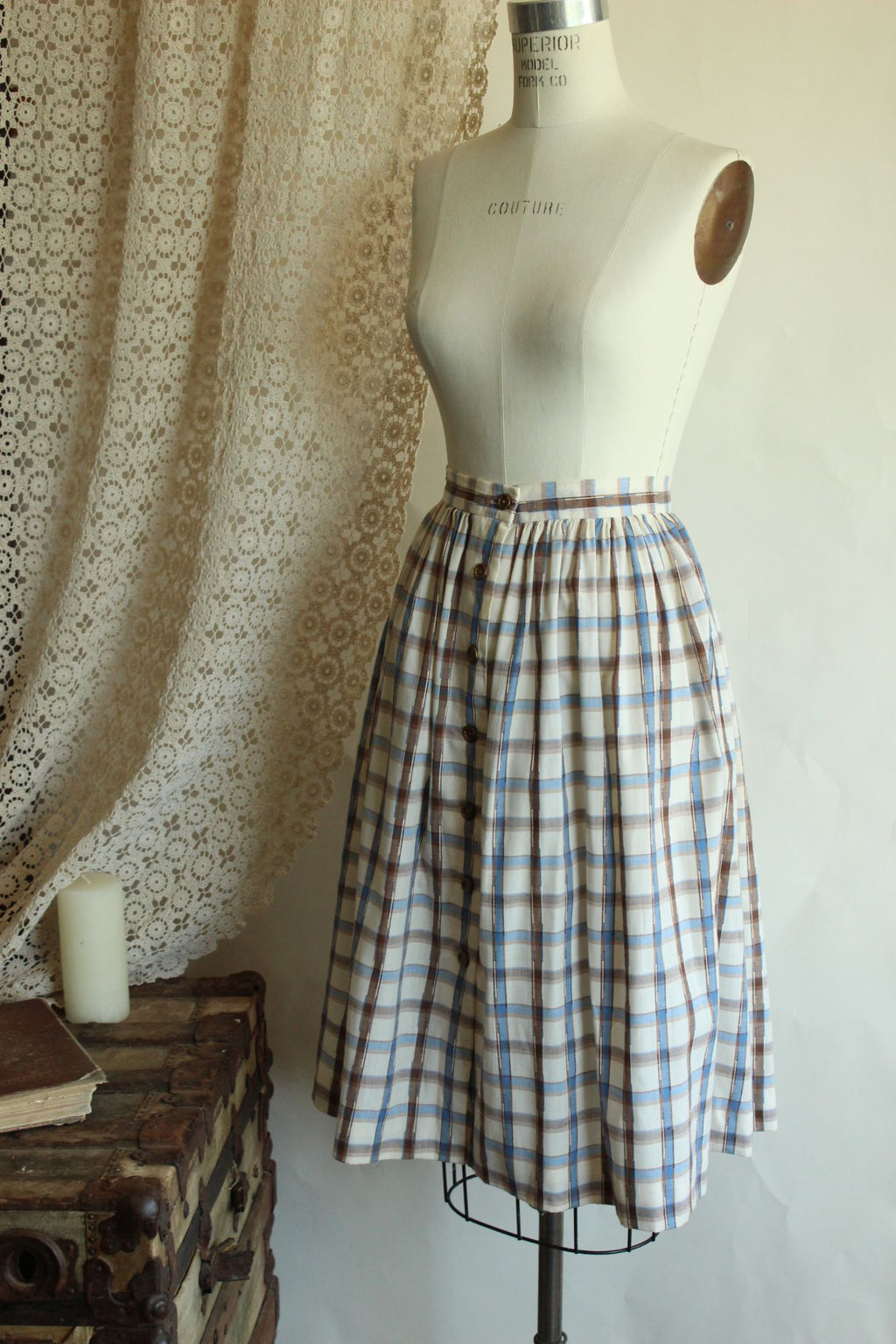 Vintage 1960s 1970s Plaid Blue and Brown Check Full Skirt