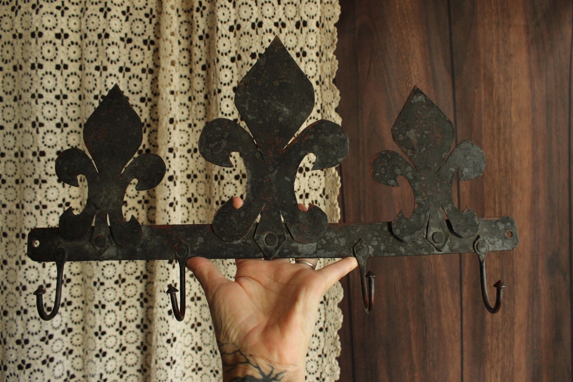 Vintage 1990s Three Black Fleur de Lis  Wrought Iron Hooks